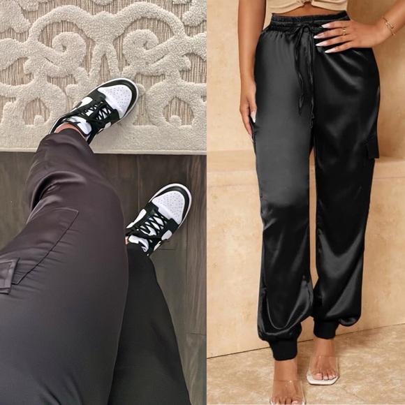 Black jogger cargo Satin Drawstring Waist Pants - Picture 1 of 8